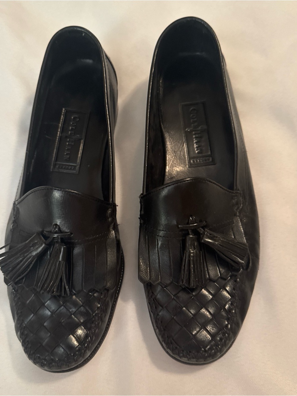Cole Haan Black Leather Tassel Woven Penny Loafers